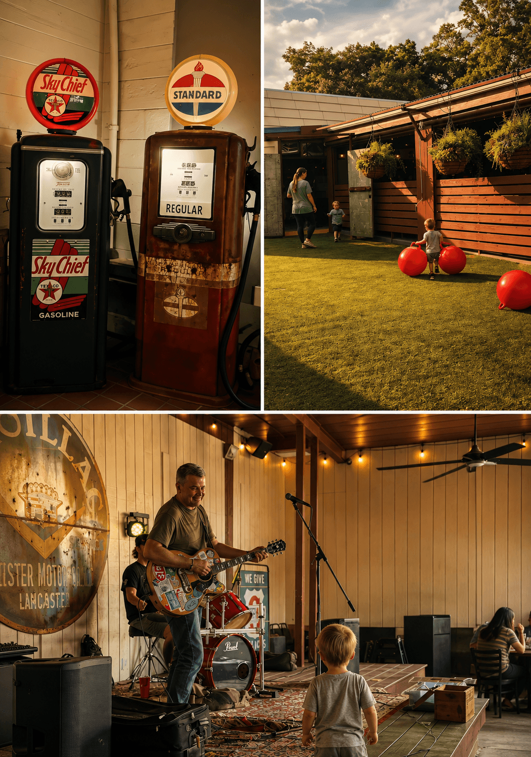 Vintage gas pumps, the family patio, and a live band playing at Johnny's Garage